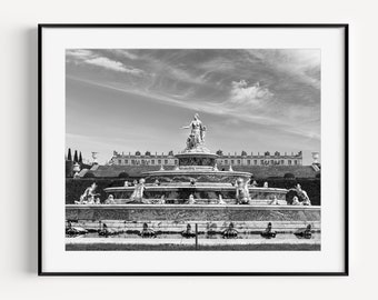 Black and White Palace of Versailles Gardens Fountain Paris Photography, French Wall Decor, Large Wall Art Minimalist Print for Gallery Wall