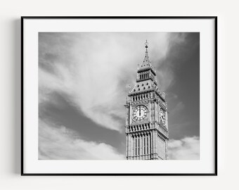 Black and White Travel Photography, Big Ben Print, London Travel Poster, England, British Wall Art, Minimalist Wall Decor, Gallery Wall Art