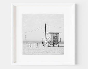 Black and White Beach Print, Lifeguard Tower, Lifeguard Station, Coastal Decor, Neutral Beach Wall Decor, Square Wall Art for Beach House