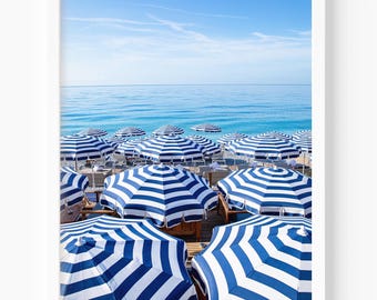 Beach Umbrella Print, Beach Photography, Nice France, Cote D'Azur Poster, Blue and White Coastal Decor, Wall Art for Living Room or Airbnb