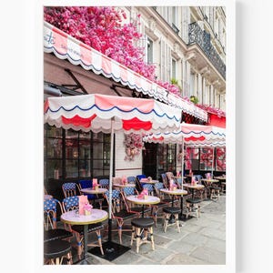 Stampa del caffè parigino preferito, fotografia di Parigi, arte floreale rosa del caffè, decorazione murale francese per cucina moderna, sala da pranzo o ristorante