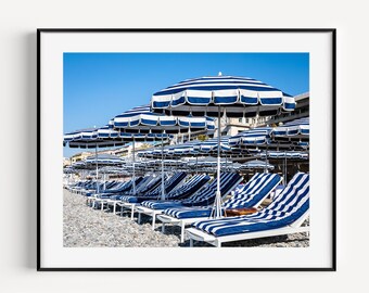 Blue and White Beach Umbrella Print, French Riviera, Nice France Beach Club, Cote D'Azur Beach Photography, Beach Wall Art for Living Room