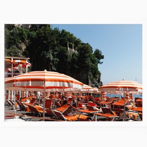 Arienzo Beach Club Print, Amalfi Coast Art, Orange Beach Umbrella Print, Positano Photography, Italian Summer Wall Art for Living Room