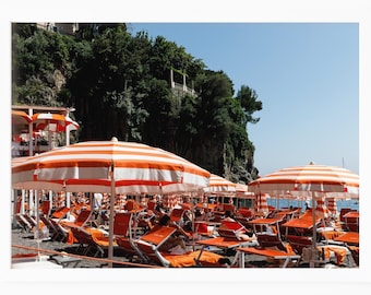 Arienzo Beach Club Print, Amalfi Coast Art, Orange Beach Umbrella Print, Positano Photography, Italian Summer Wall Art for Living Room