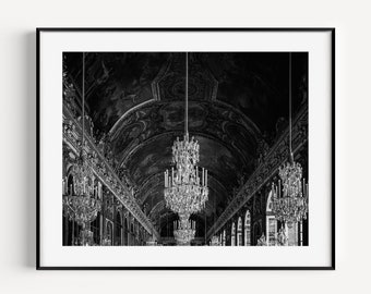Galería de los Espejos del Palacio de Versalles, impresión artística de París, fotografía parisina en blanco y negro, impresión artística de pared glamurosa, lámparas de araña de Versalles