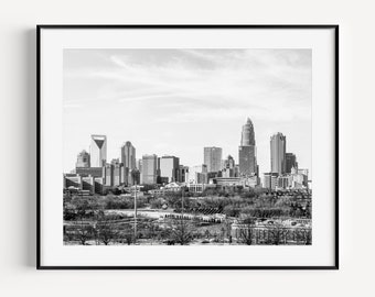 Charlotte Skyline Print, Black and white Charlotte North Carolina Cityscape, Charlotte NC Skyline, Large Wall Art for Office or Living Room