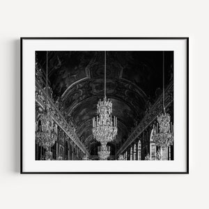Palace of Versailles Hall of Mirrors, Paris France Art Print, Black and White Paris Photography, Glam Wall Art Print, Versailles Chandeliers