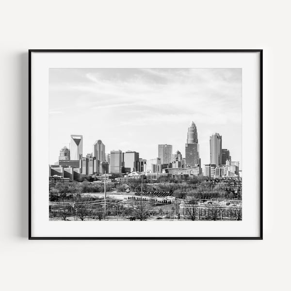 Charlotte Skyline Print, Black and white Charlotte North Carolina Cityscape, Charlotte NC Skyline, Large Wall Art for Office or Living Room