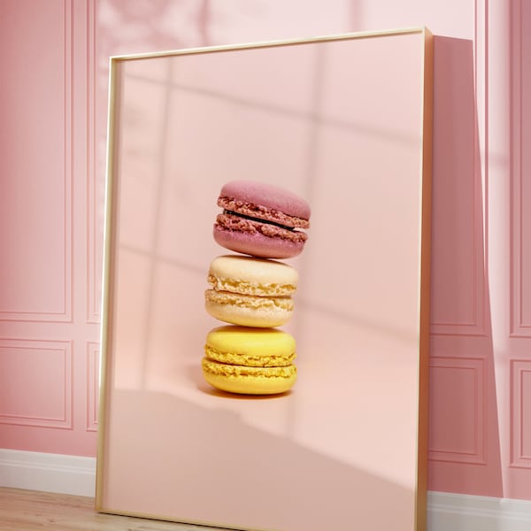 Macarons français, art mural cuisine café parisien, cadeau macaron pastel, photographie culinaire, décoration murale girly, décoration d'intérieur française, affiche de dessert