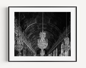 Palace of Versailles Hall of Mirrors Chandelier Print, Black and White Paris Photography, Glam Wall Art Print for Entryway or Living Room