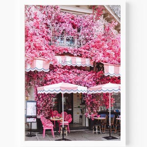 Blumencafe-Druck, rosa Paris-Fotografie, La Lieblingscafe im Paris, französisches Hauptdekor, Wandkunst für Küche, Café oder Restaurant