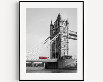 Tower Bridge Poster Print, Black and White London Photography, London Transport Bus Wall Art, Red Bus, British Home Decor, Europe Travel