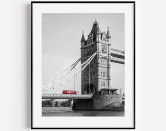 Tower Bridge Poster Print, Black and White London Photography, London Bus Wall Art, Red Bus, British Home Decor, Europe Travel