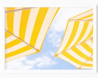 Yellow Beach Umbrella Print, Colorful Beach Photography, Coastal Wall Decor, Large Summer Wall Art for Living Room, Over Couch, Airbnb