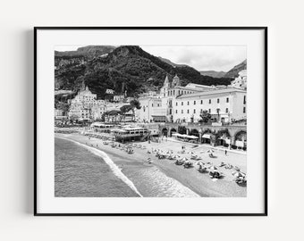 Black and White Amalfi Coast Italy, Italian Beach Print, Mediterranean Wall Decor, Italy Travel Photography Coastal Wall Art for Beach House