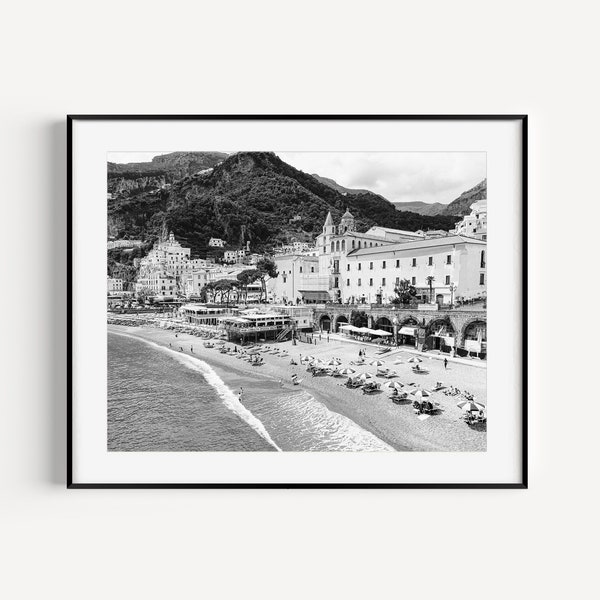 Black and White Amalfi Coast Italy, Italian Beach Print, Mediterranean Wall Decor, Italy Travel Photography Coastal Wall Art for Beach House
