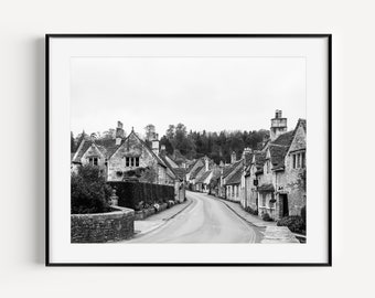 Castle Combe Cotswolds Travel Print, Black and White England Photography, Wiltshire UK Travel Print, Cotswold Village Poster, Large Wall Art