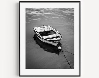 Black and White Wooden Boat Print, Coastal Wall Decor, Neutral Beach Travel Photography, Nautical Home Decor, Boat Wall Art for Beach House