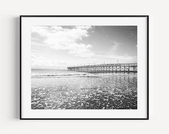 Ocean Isle Beach Pier, Black and White Beach Photography, Coastal Wall Decor, Ocean Waves, Neutral Beach Print for Beach House Living Room