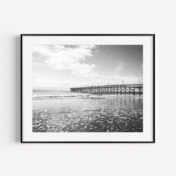 Ocean Isle Beach Pier, Black and White Beach Photography, Coastal Wall Decor, Ocean Waves, Neutral Beach Print for Beach House Living Room