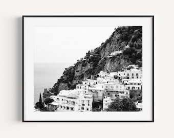 Black and White Amalfi Coast Print, Positano Italy Poster, Italian Architecture, Travel Photography, Minimal Large Wall Art for Living Room