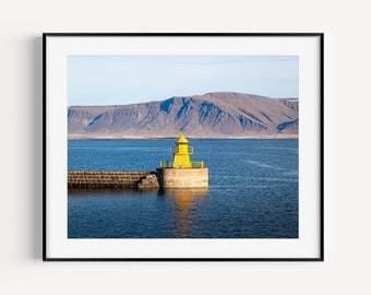 Reykjavik Iceland Nordurgardi Lighthouse Print, Old Harbour Yellow Lighthouse, Beach Photography, Coastal Wall Decor, Nautical Wall Art