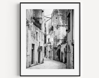 Impresión de callejón europeo, fotografía de viajes de Europa en blanco y negro, arte de pared de galería neutral, arte de pared minimalista para sala de estar u oficina