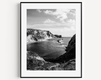 Black and White Coastal Cliffs Print, Aerial Ocean Wall Art, Beach Travel Photography, Dorset England, Minimalist Wall Decor for Beach House