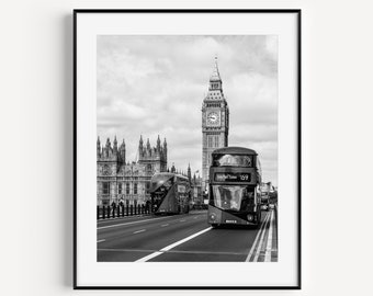 Big Ben Print, Black and White London Photography, Double Decker Bus Poster, English Home Decor, Large Wall Art for Office, Hotel or Airbnb