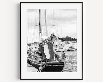 Black and White Coastal Wall Decor, Sailboat Print, South of France Travel Photography, Nautical Wall Art for Beach House or Living Room