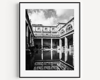 Roman Baths Print, Bath England Somerset UK Wall Decor, Black and White Travel Photography, British Home Decor for Living Room or Office