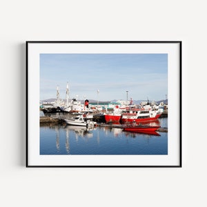Reykjavik, IJsland, oude haven, jachthaven, bootafdruk, IJsland reisfotografie, kustmuurdecor, grote nautische muurkunst voor strandhuis