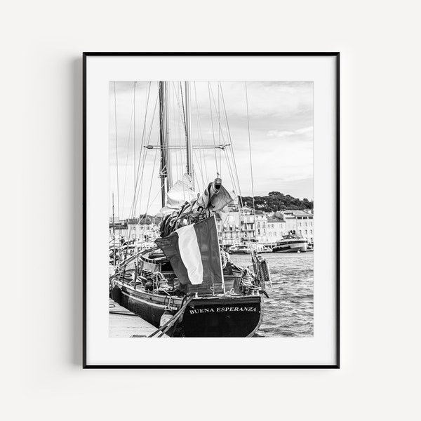Black and White Coastal Wall Decor, Sailboat Print, South of France Travel Photography, Nautical Wall Art for Beach House or Living Room