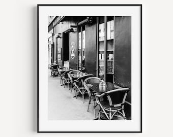 Impresión de café parisino en blanco y negro, fotografía de París, café francés, arte de la pared de la cocina, fotografía francesa, decoración de pared grande del arte callejero de París