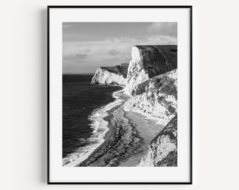 Coastal Cliff Print, Black and White Ocean Wall Art, Neutral Beach Travel Photography, Jurassic Coast, Minimalist Wall Decor for Beach House