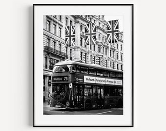 London Bus, Double Decker Bus, Oxford Circus Bus, London Transport Poster, Black and White Bus Art, Regent Street, London Photography