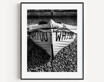 Wooden Boat Print, Black and White Coastal Wall Decor, Neutral Beach Travel Photography, Nautical Home Decor, Boat Wall Art for Beach House