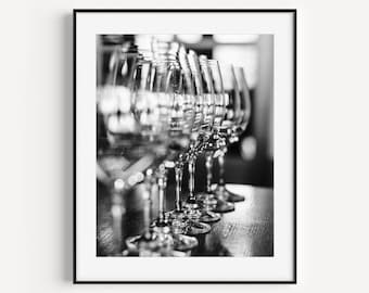 Black and White Wine Glass Print, Napa Valley Photography, Modern Kitchen Decor, Restaurant Bar Art, Alcohol Poster, Dining Room Wall Art
