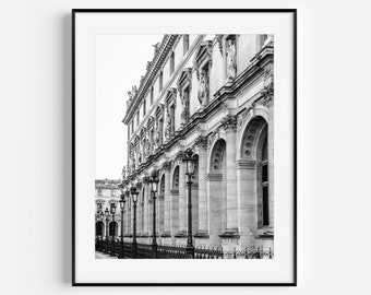 Black and White Paris Architecture, Louvre Museum Print, Travel Photography, Gift for Francophile, Minimalist Wall Art for Living Room