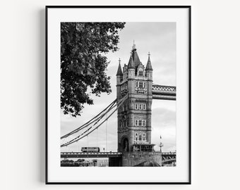 London Tower Bridge, Black and White London Photography Print, Home Decor, England Travel Poster, Large Wall Art for Living Room or Office