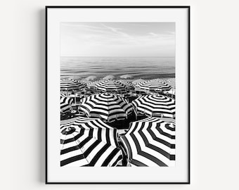 Black and White Stripe Beach Umbrella Print, French Riviera Nice France, Cote DAzur Beach Travel Photography, Wall Art for Beach House