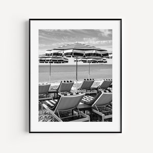European Beach Club, Black and White Beach Umbrella Print, Nice France, Cote D&#39;Azur Travel Photography, Coastal Wall Art for Living Room