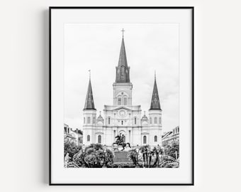 French Quarter Print, Black and White New Orleans Wall Art, NOLA Travel Photography, Jackson Square St. Louis Cathedral Print, Big Easy