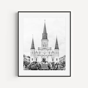 Wydruk French Quarter, Czarno-biała sztuka ścienna z Nowego Orleanu, Fotografia podróżnicza NOLA, Wydruk katedry Jackson Square St. Louis, Big Easy