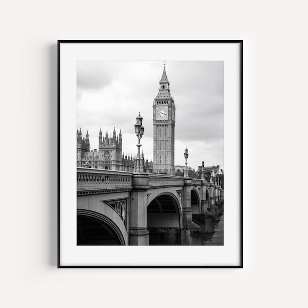 Big Ben Poster, Westminster Bridge, Black and White London Photography, Travel Poster, England Wall Decor, Architecture Print Large Wall Art