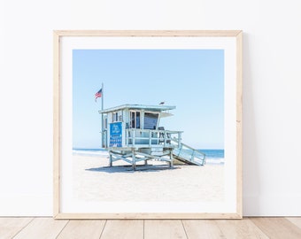 Impression de tour de sauveteur, affiche de surf, photographie de plage carrée, décoration murale côtière de Californie pour la maison ou Airbnb, art mural paysage d'été
