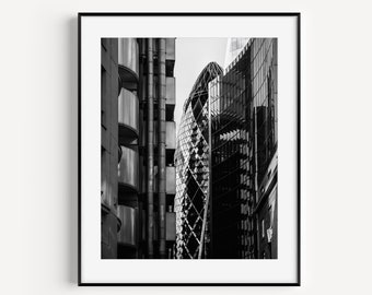 Gherkin Building, Black and White London Photography, Architecture Print, Europe Travel Poster, Minimalist Wall Art, Office Wall Decor