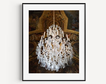 Impresión de la lámpara de araña del Salón de los Espejos del Palacio de Versalles, fotografía de viajes a París, decoración romántica de pared, arte mural glamuroso para la entrada y la sala de estar.