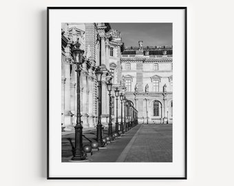 Paris Lampposts, Black and White Architecture, Louvre Museum Travel Photography, Gallery Wall Print, Minimalist Wall Art for Living Room