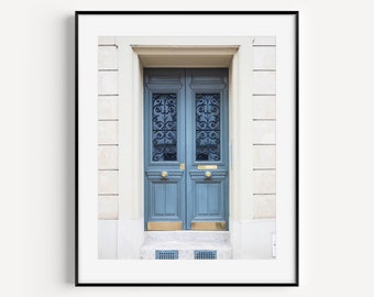 Franse blauwe deurkunst, Europese deuropeningen, galerij wanddecoratie, Parijs reisfotografie, Frans huisdecor, minimale kunst aan de muur voor de woonkamer